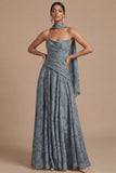 Dusty Blue A Line Ruched Strapless Long Formal Dress