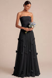 Light Blue A Line Strapless Floral Appliqued Long Formal Dress
