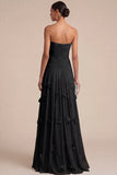 Light Blue A Line Strapless Floral Appliqued Long Formal Dress