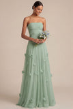 Light Blue A Line Strapless Floral Appliqued Long Formal Dress