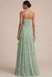 Light Blue A Line Strapless Floral Appliqued Long Formal Dress
