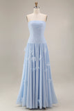 Light Blue A Line Strapless Floral Appliqued Long Formal Dress