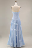 Light Blue A Line Strapless Floral Appliqued Long Formal Dress