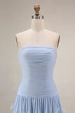 Light Blue A Line Strapless Floral Appliqued Long Formal Dress