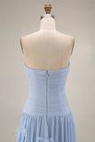 Light Blue A Line Strapless Floral Appliqued Long Formal Dress