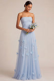 Light Blue A Line Strapless Floral Appliqued Long Formal Dress