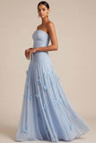 Light Blue A Line Strapless Floral Appliqued Long Formal Dress