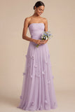 Light Blue A Line Strapless Floral Appliqued Long Formal Dress