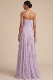Light Blue A Line Strapless Floral Appliqued Long Formal Dress