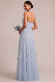 A Line Halter Neck Appliqued White Long Engagement Dress