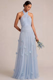 A Line Halter Neck Appliqued White Long Engagement Dress