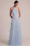 A Line Halter Neck Appliqued White Long Engagement Dress