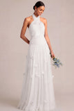 A Line Halter Neck Appliqued White Long Engagement Dress