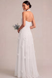 A Line Halter Neck Appliqued White Long Engagement Dress