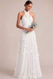 A Line Halter Neck Appliqued White Long Engagement Dress