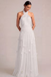 A Line Halter Neck Appliqued White Long Engagement Dress