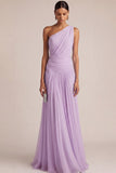 Light Blue One Shoulder A Line Pleated Long Wedding Guest Dress