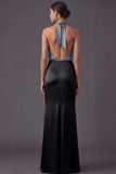 Dusty Blue Sheath Halter Neck Long Formal Dress with Slit