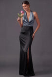 Dusty Blue Sheath Halter Neck Long Formal Dress with Slit