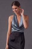 Dusty Blue Sheath Halter Neck Long Formal Dress with Slit