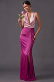 Dusty Blue Sheath Halter Neck Long Formal Dress with Slit