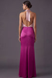 Dusty Blue Sheath Halter Neck Long Formal Dress with Slit