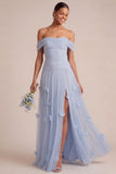Light Blue A Line Long Appliqued Ruched Wedding Guest Dress with Slit