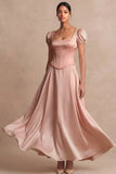 Satin Pink A Line Corset Puff Sleeves Long Wedding Guest Dress