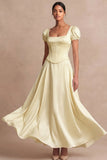 Satin Pink A Line Corset Puff Sleeves Long Wedding Guest Dress