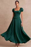Satin Pink A Line Corset Puff Sleeves Long Wedding Guest Dress
