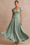 Satin Pink A Line Corset Puff Sleeves Long Wedding Guest Dress