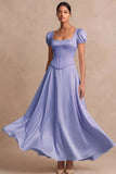 Satin Pink A Line Corset Puff Sleeves Long Wedding Guest Dress