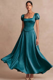 Satin Pink A Line Corset Puff Sleeves Long Wedding Guest Dress