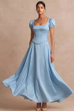 Satin Pink A Line Corset Puff Sleeves Long Wedding Guest Dress