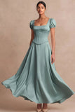 Satin Pink A Line Corset Puff Sleeves Long Wedding Guest Dress