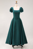 Satin White A Line Corset Puff Sleeves Long Engagement Dress