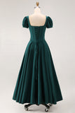 Satin White A Line Corset Puff Sleeves Long Engagement Dress