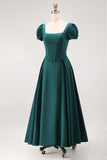 Satin White A Line Corset Puff Sleeves Long Engagement Dress