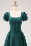 Satin White A Line Corset Puff Sleeves Long Engagement Dress