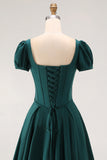Satin White A Line Corset Puff Sleeves Long Engagement Dress