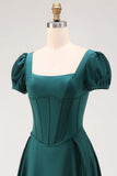 Satin White A Line Corset Puff Sleeves Long Engagement Dress