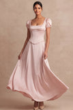 Satin Pink A Line Corset Puff Sleeves Long Wedding Guest Dress