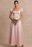Satin Pink A Line Corset Puff Sleeves Long Wedding Guest Dress