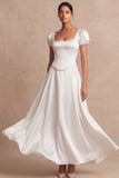 Satin Pink A Line Corset Puff Sleeves Long Wedding Guest Dress