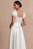 Satin Pink A Line Corset Puff Sleeves Long Wedding Guest Dress