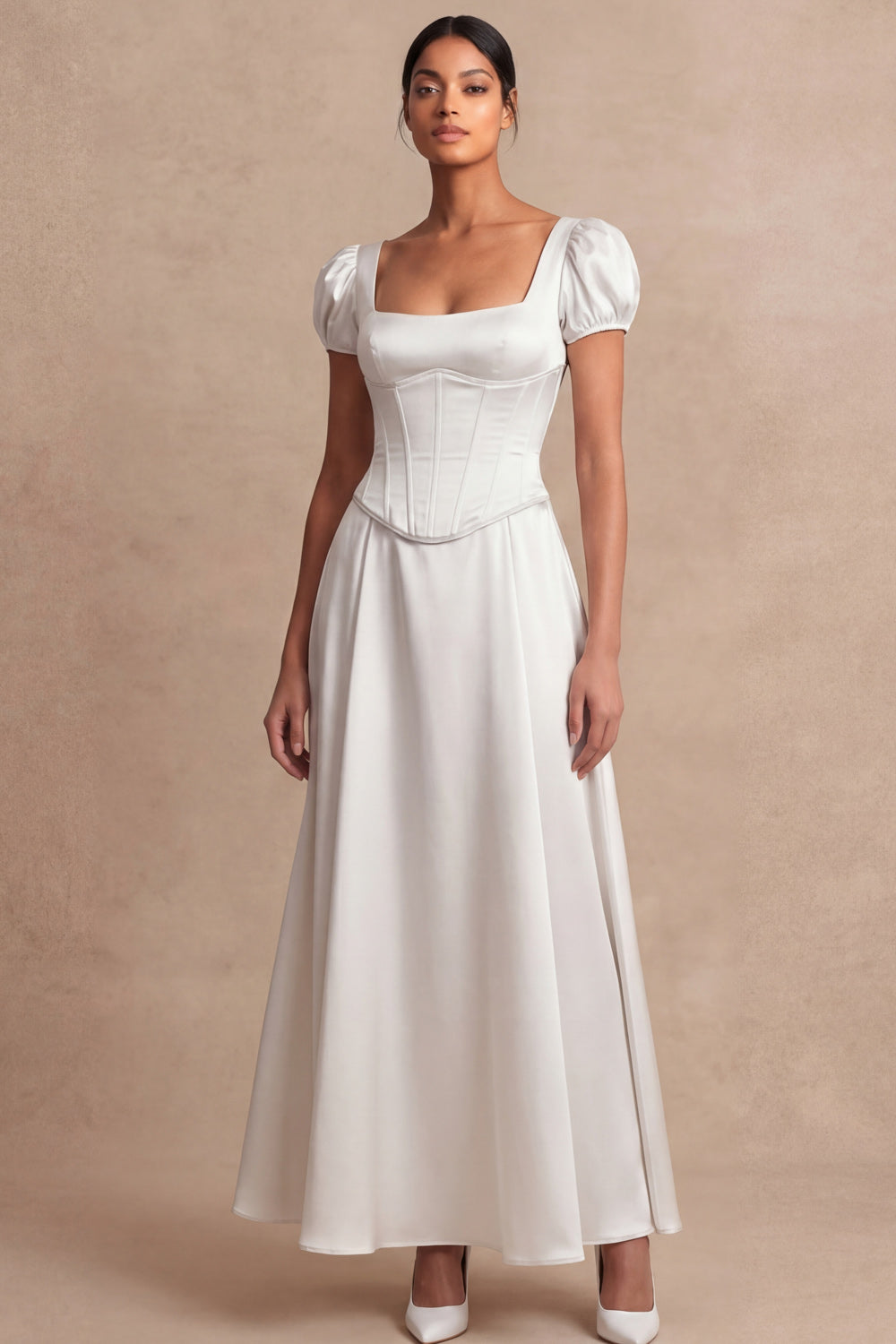 Leely Women Satin White A Line Corset Long Engagement Dress Puff