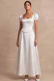 Satin Pink A Line Corset Puff Sleeves Long Wedding Guest Dress