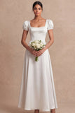 Satin Pink A Line Corset Puff Sleeves Long Wedding Guest Dress
