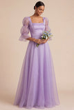 Elegant Lilac Square Neck A Line Long Bridesmaid Dress with Sleeves