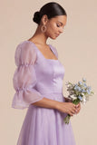 Elegant Lilac Square Neck A Line Long Bridesmaid Dress with Sleeves